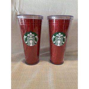 Starbucks Red Glitter Cold Cup Tumbler Siren Logo Set of 2 Holiday 2018‎